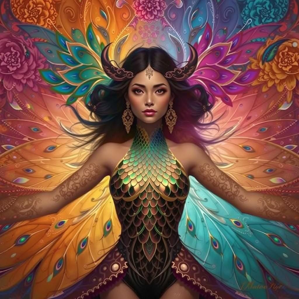 Dragon Peacock Woman in Abstract Fauvist Colors