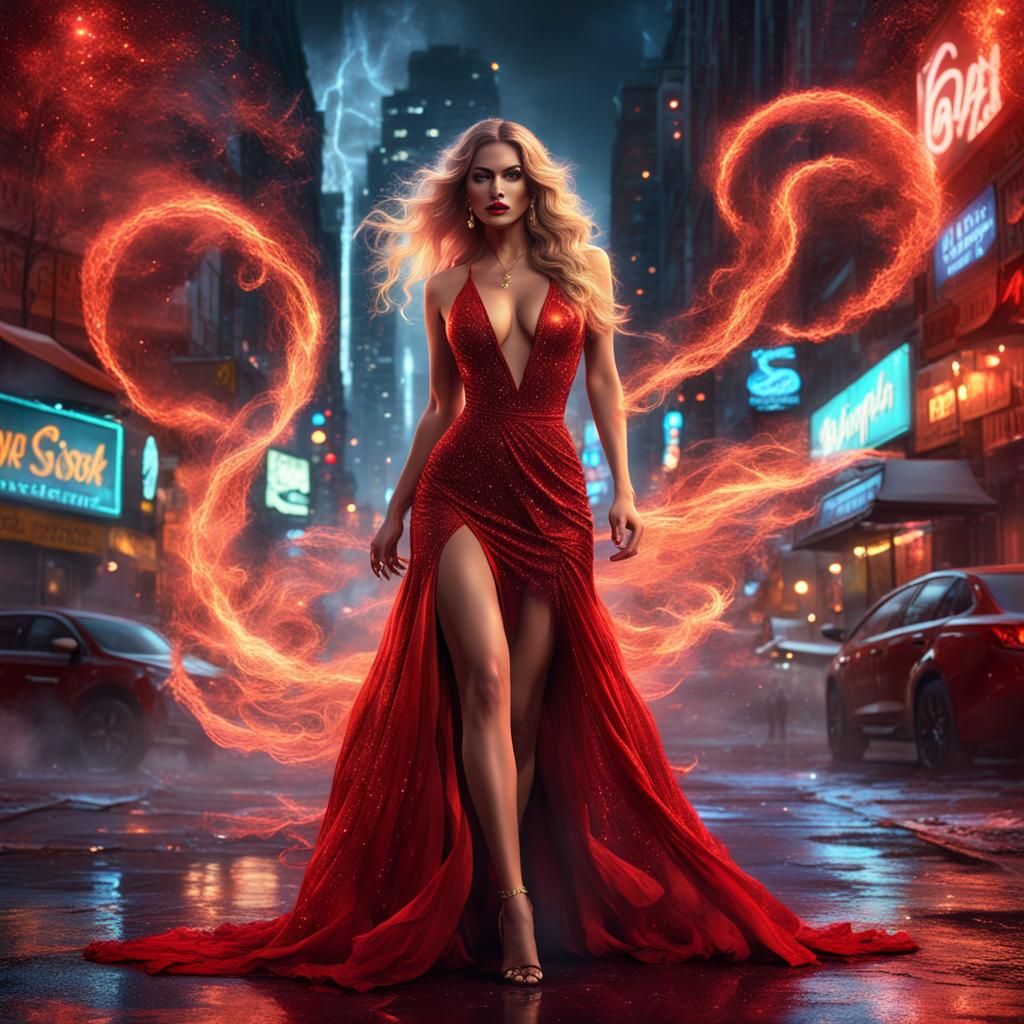 Glamorous Blonde in Red Dress with City Lights