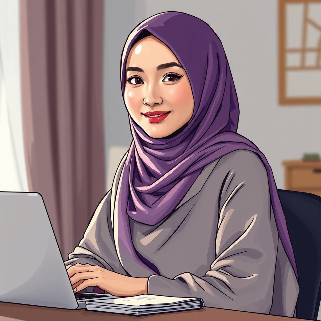 Asian Woman in Hijab: Crayon Style Illustration