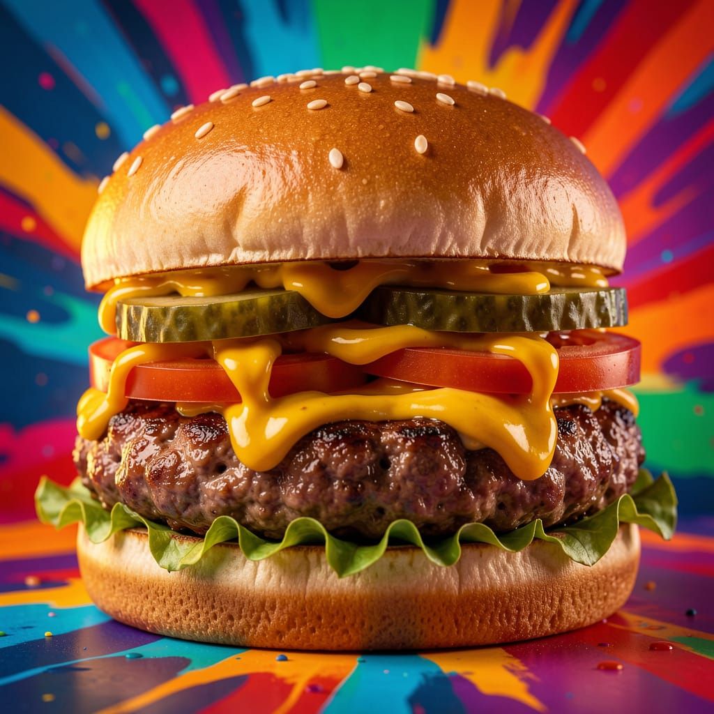 Hyperrealistic Burger: Detailed Splash Art Concept