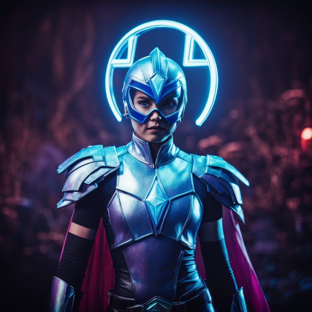 Glowing Rainbow Superheroine in Circus-Themed Outfit