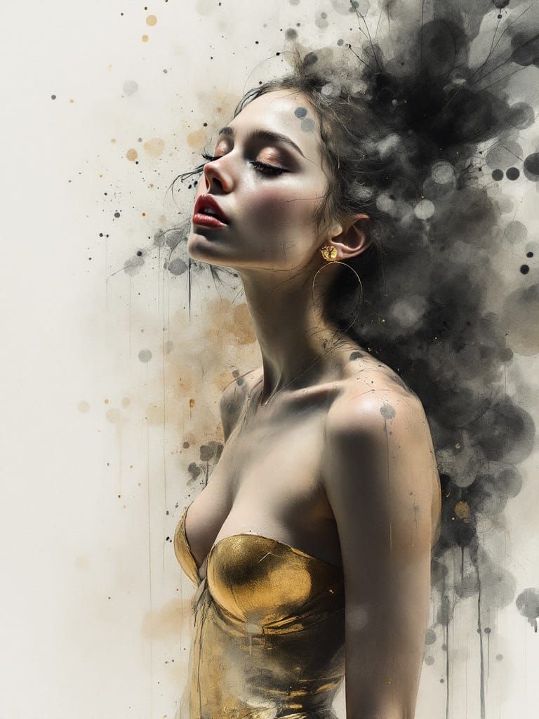 Ethereal Ink Wash Portrait of a Pin-Up Woman