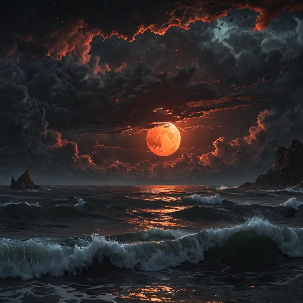 Blood Red Moon Over Stormy Ocean: Dark Fantasy Painting