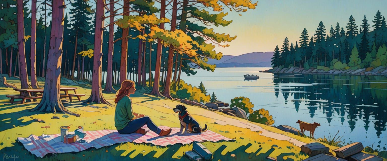 Girl and Dog by Lake in Comic Book Style