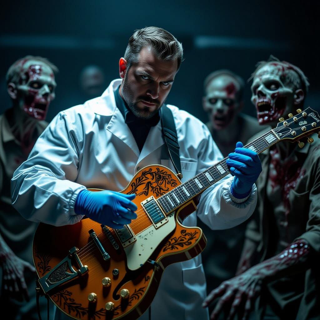 Coroner Examines Guitar Amidst Zombies in Dramatic Photo