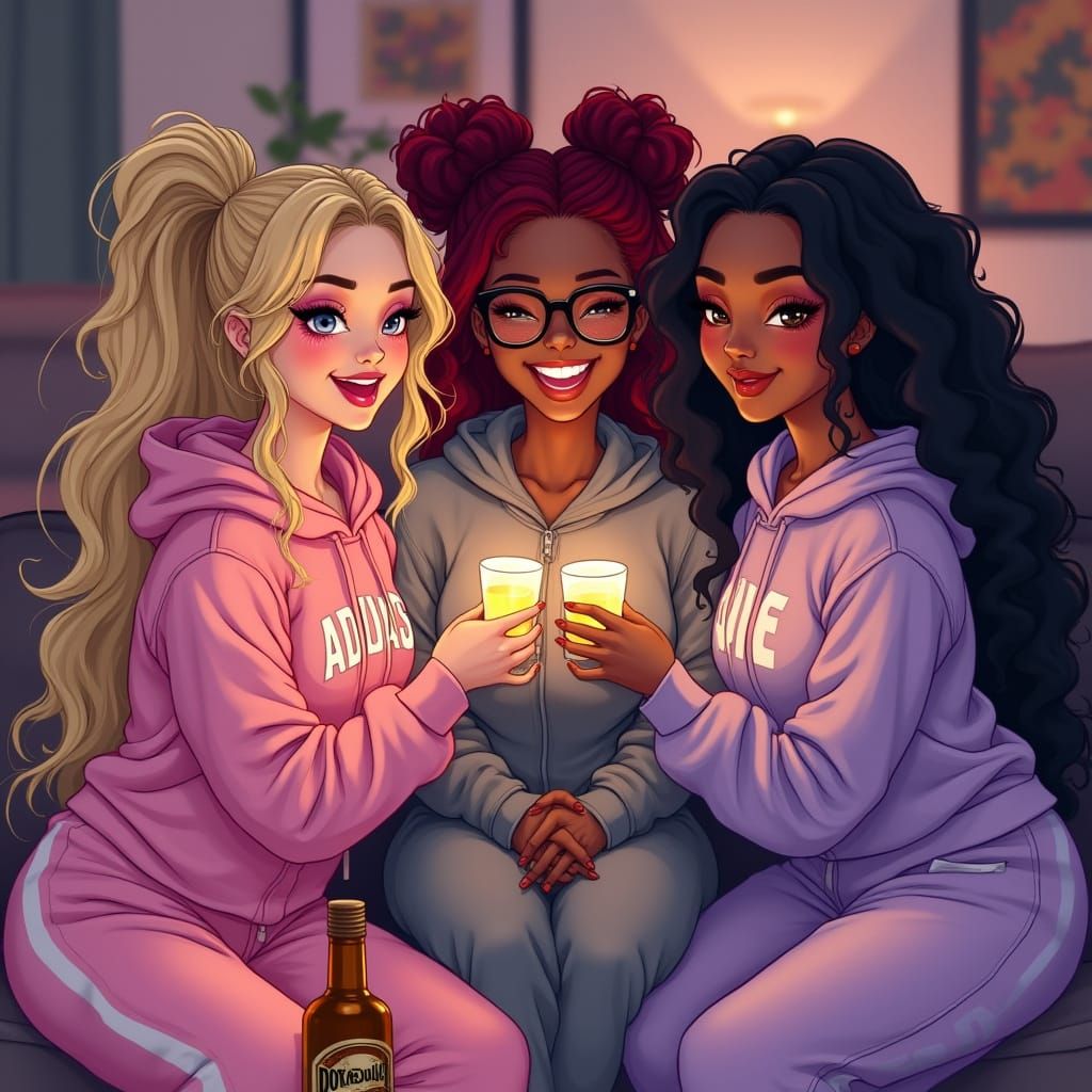 Three Friends Celebrate with Vibrant Joy in Anime-Inspired S...