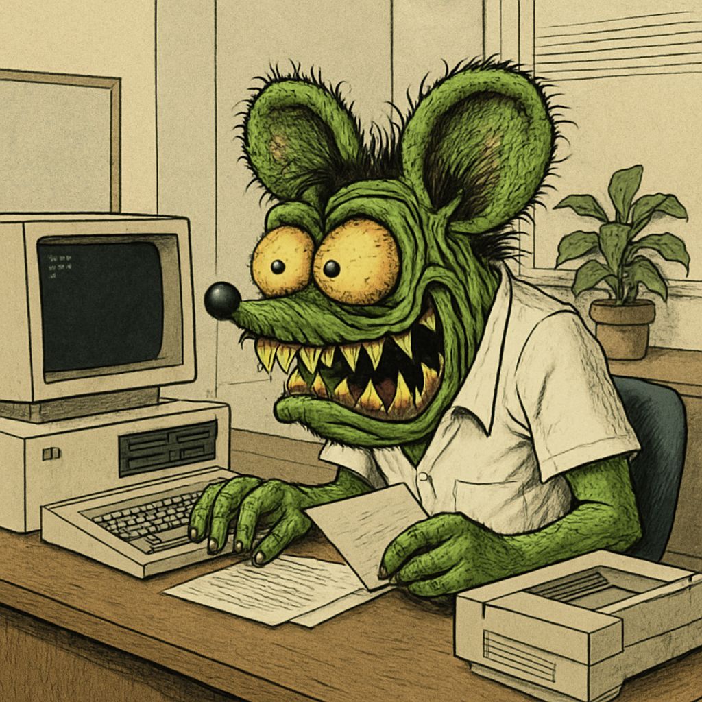 Ratfink Monster Working at an Old Computer