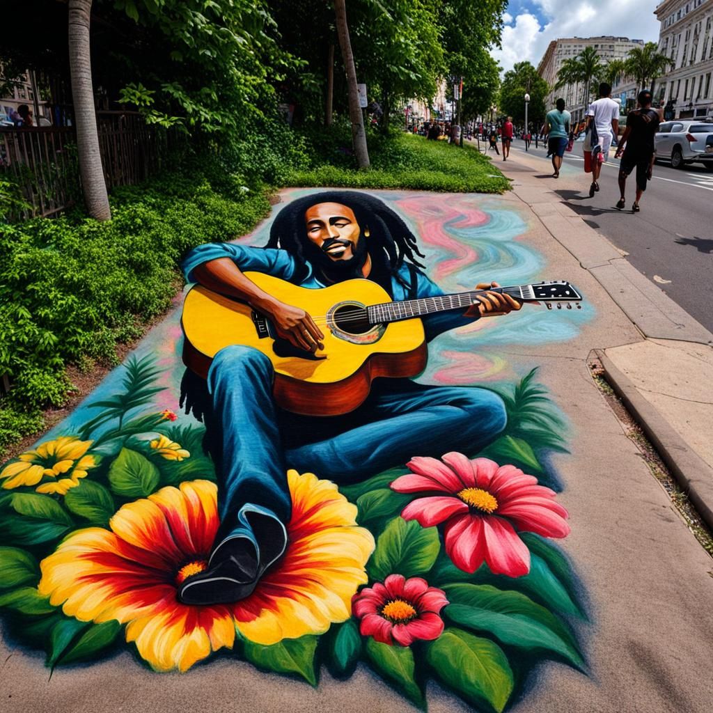Bob Marley Chalk Art in Flowery Setting