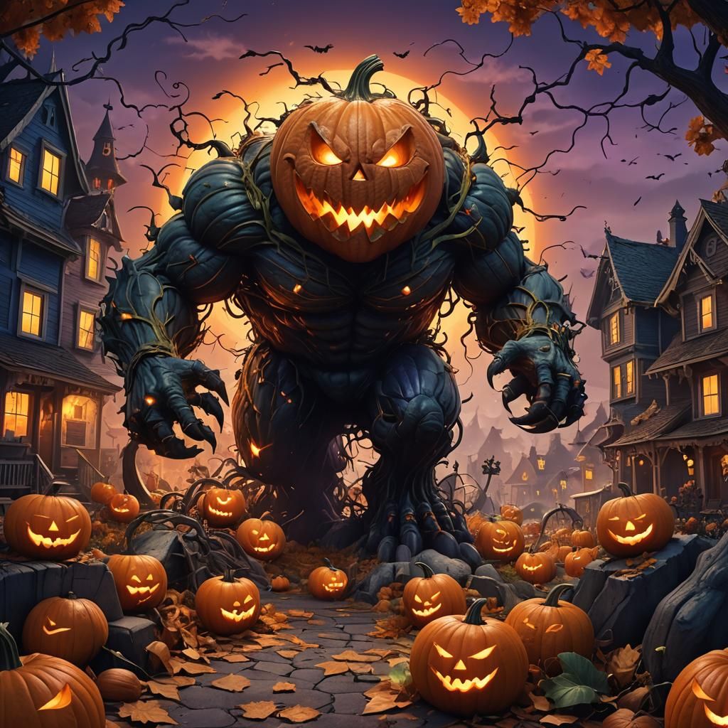 Pumpkin Monster Attacks Halloween Town: Digital Art