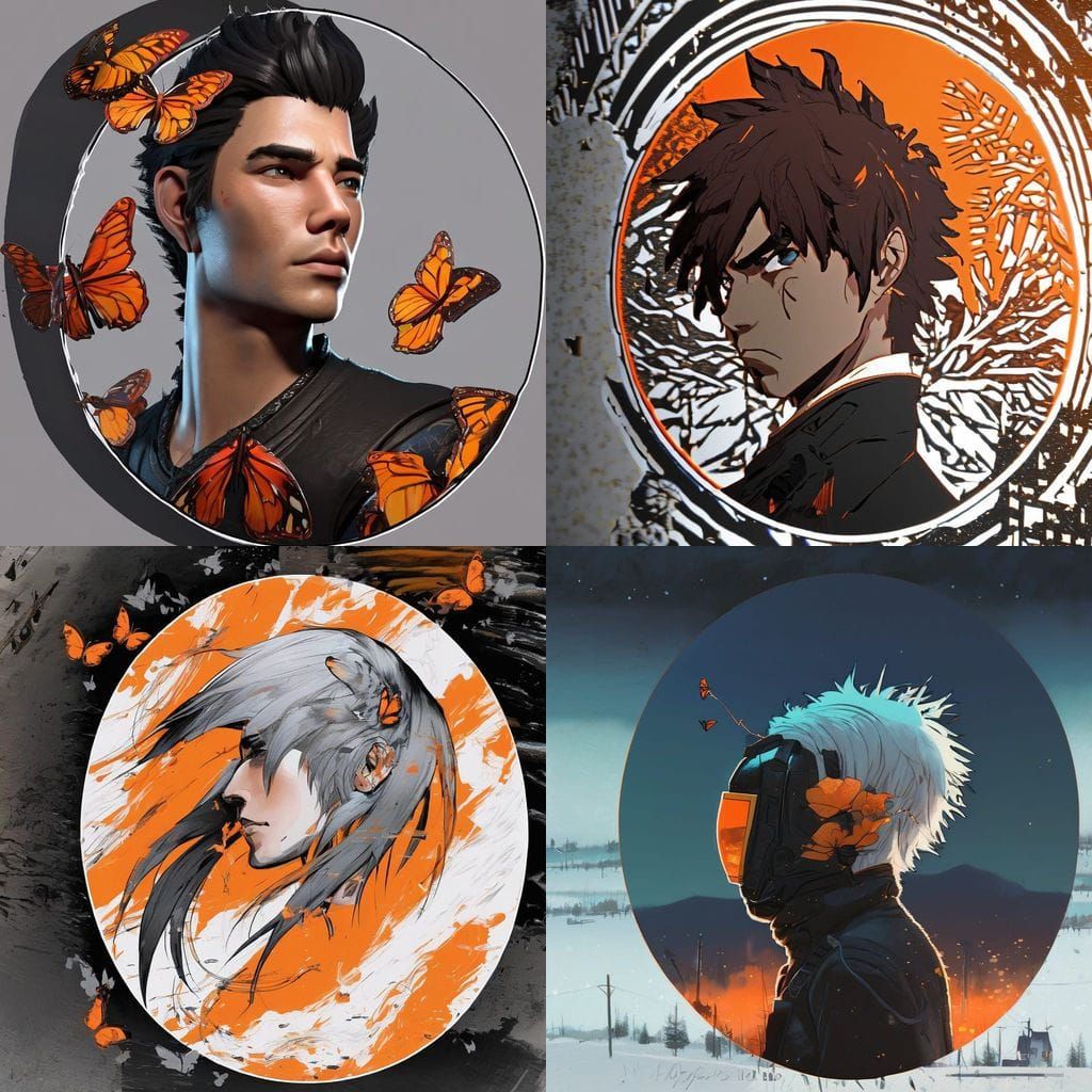 Anime Guy Entwined with Orange Butterflies in a Cool, Dark E...