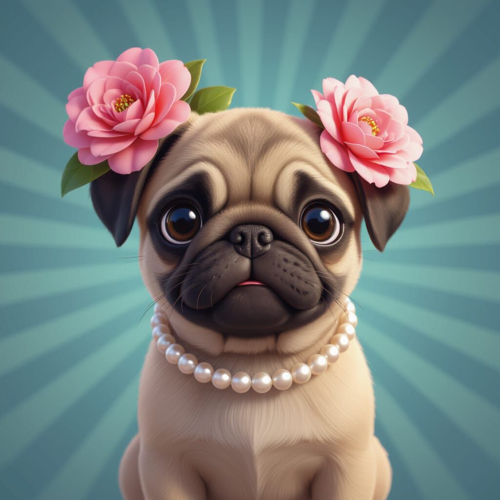 Brindle Pug Puppies with Camellias: Pixar-style 3D Art