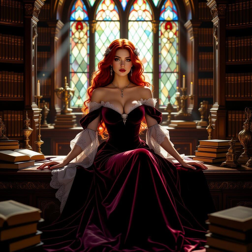 Crimson-Haired Mage in a Grand Library, Mucha Style