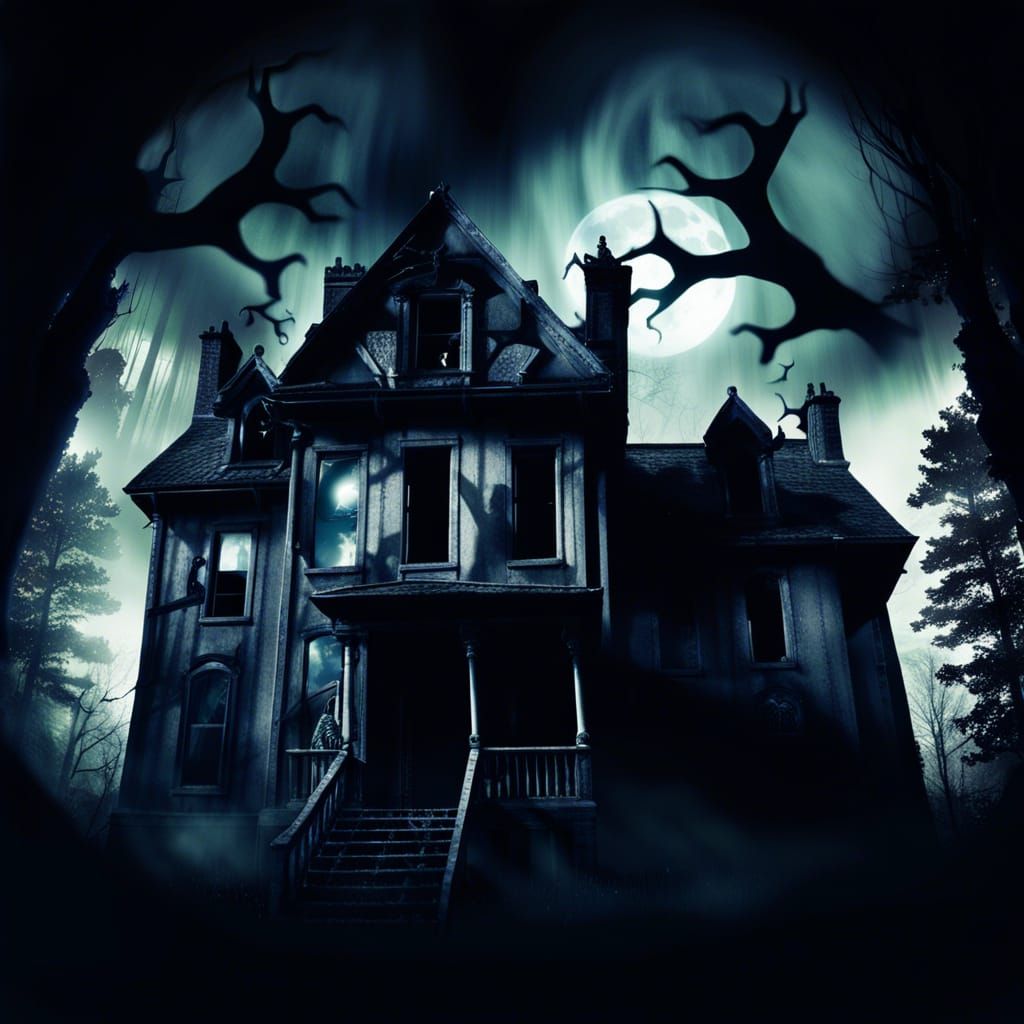 Surreal Haunted House in Dark Forest with Ghostly Apparition