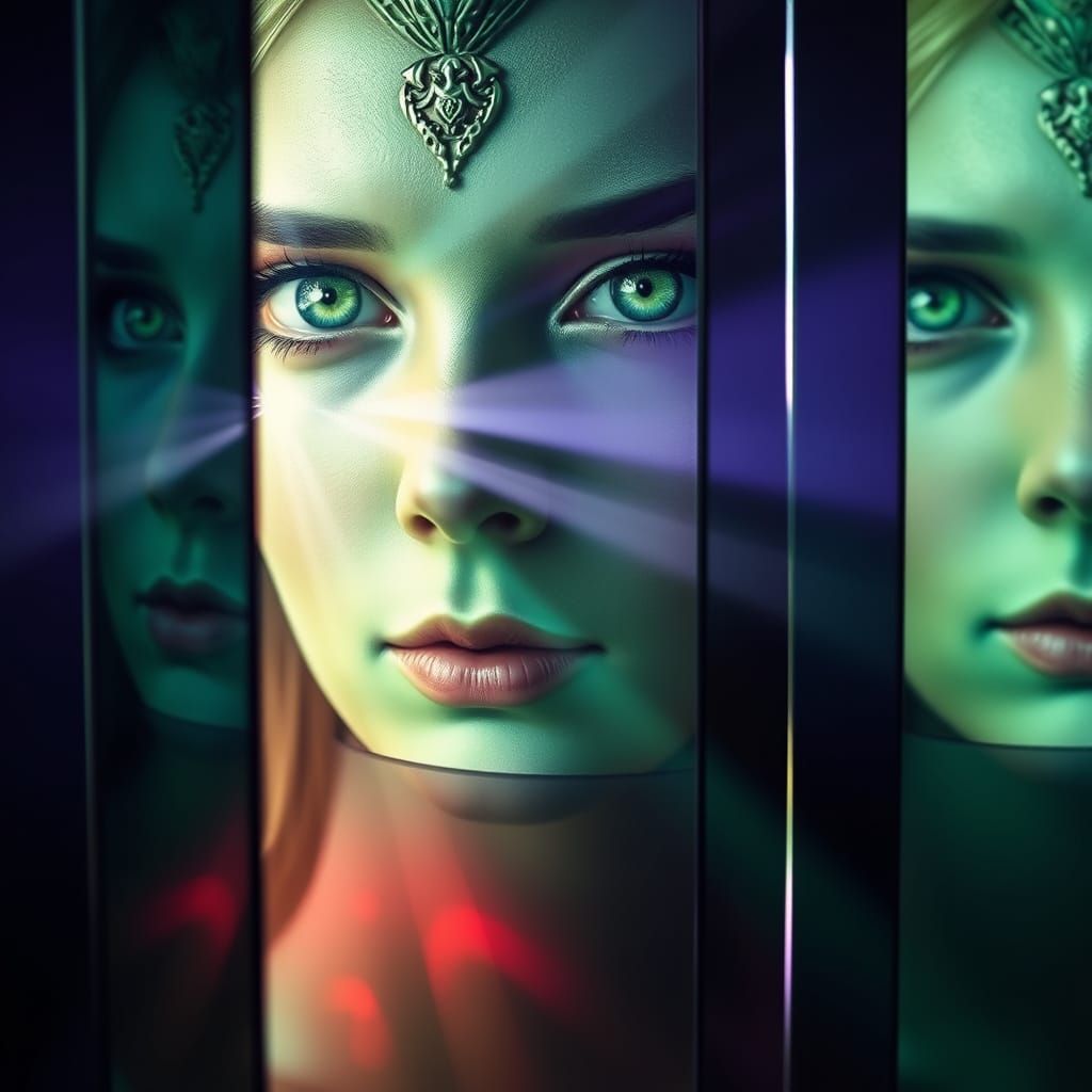 Goddess's Green Eyes Reflected in Dreamlike Mirrors