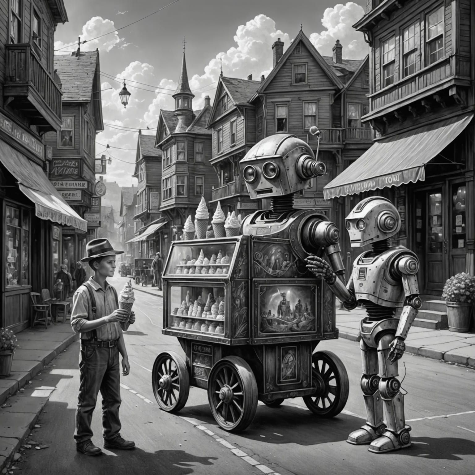 Robots Enjoying Ice Cream: Pencil Schematic Drawing