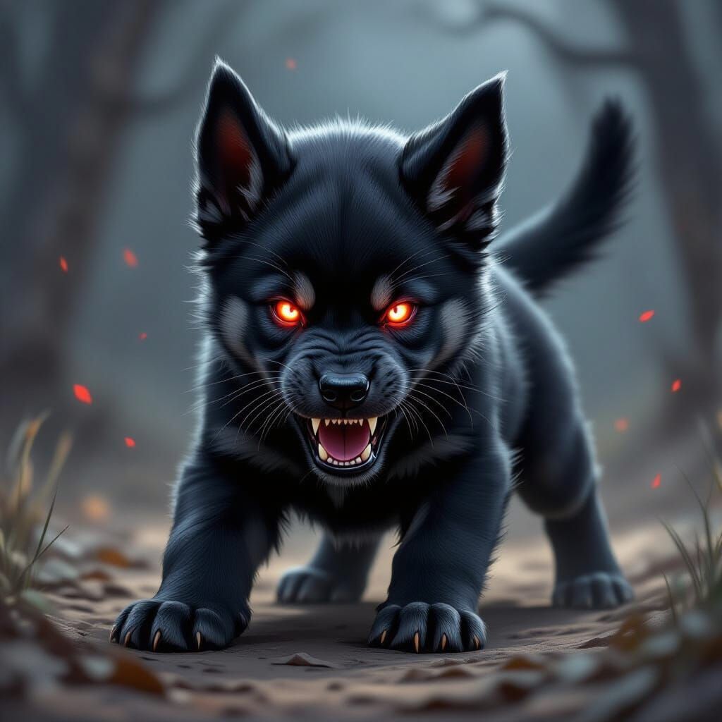 Ferocious Black Dragon Hound Puppy in Grimdark Fantasy Art