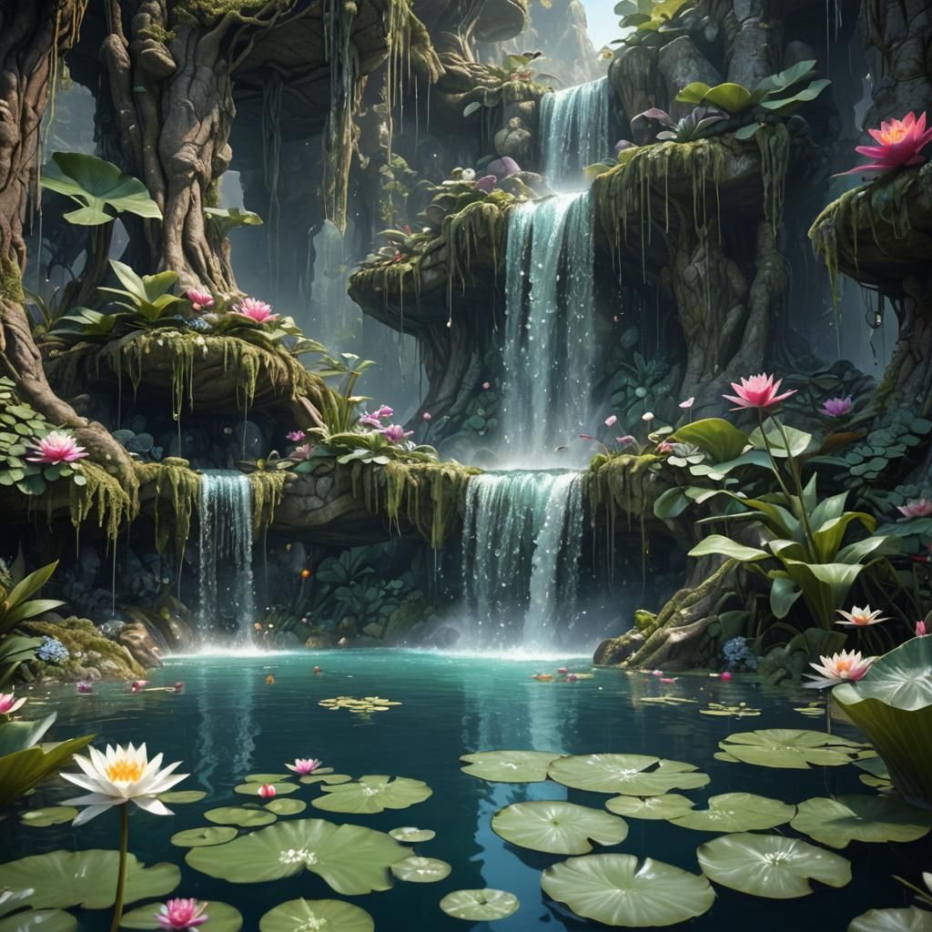Crystal Waterfall with Lilypads: Fantasy Concept Art