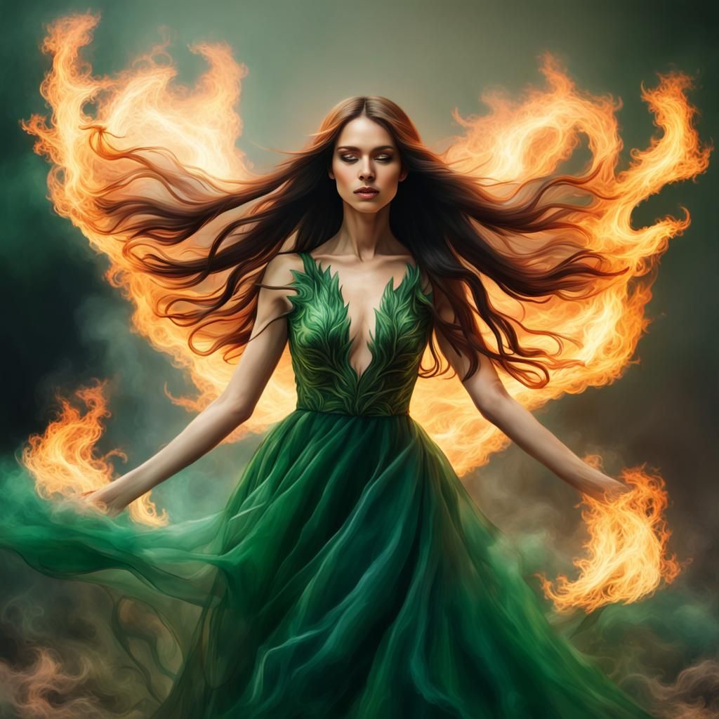 Woman Reborn from Fire with Open Arms