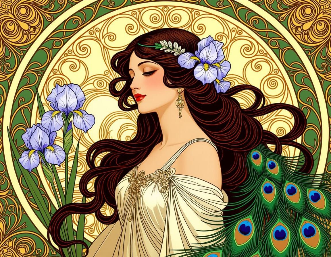 Art Nouveau Woman with Irises and Peacock Feathers