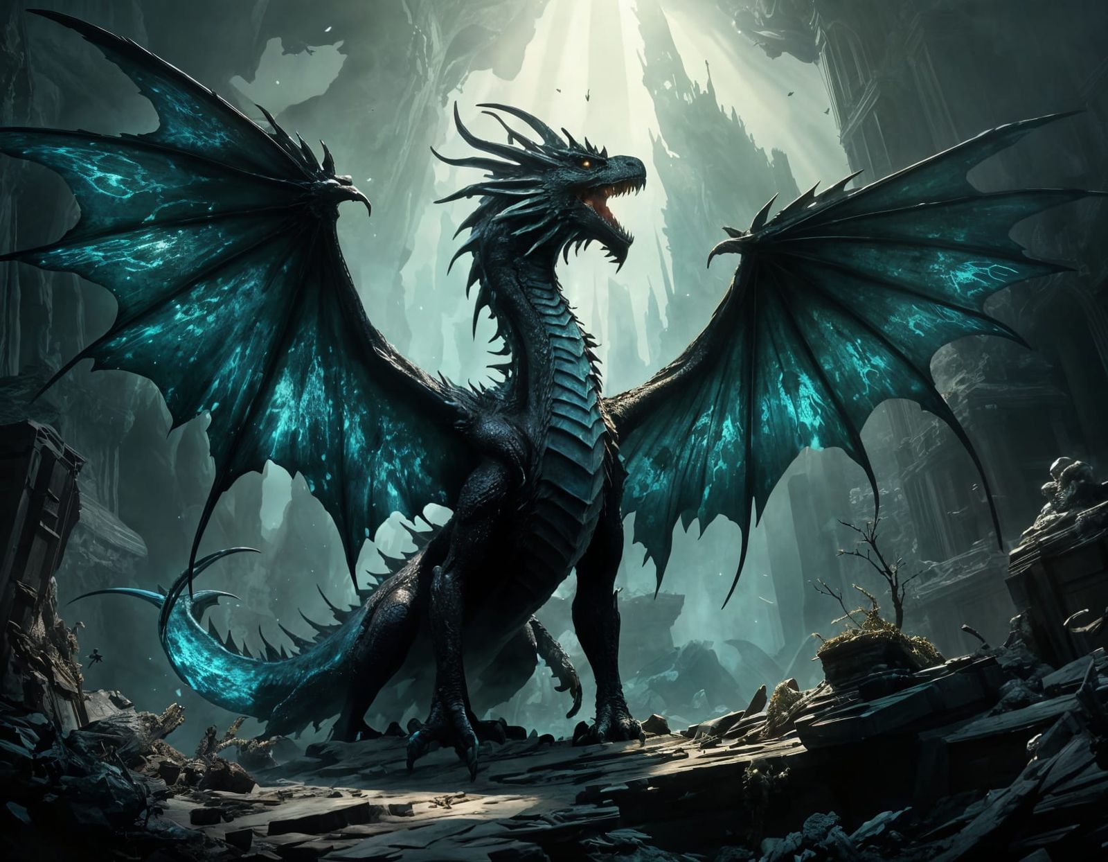 Fierce Dragon with Bioluminescent Wings in Hyperdetailed Sty...