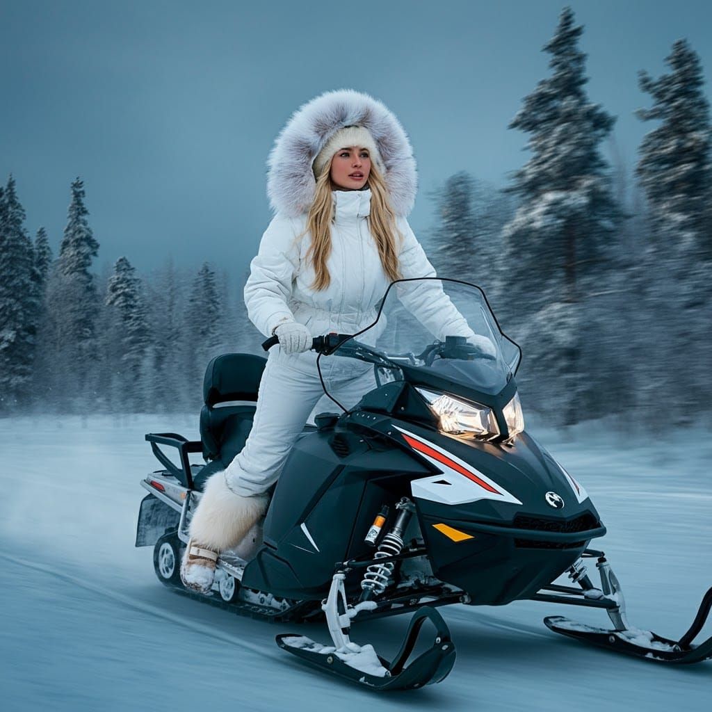 Woman Snowmobiling in Tundra as Digital Artwork