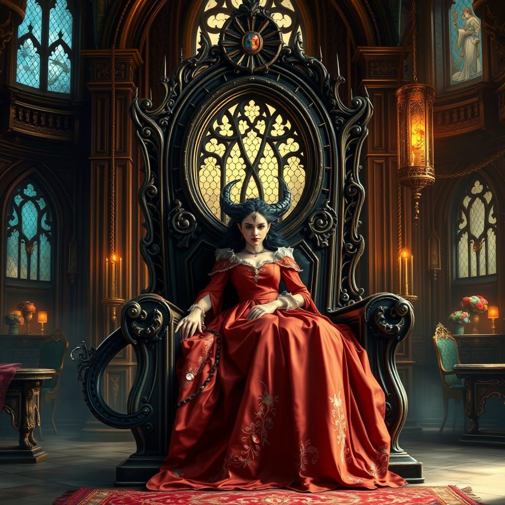 Enchanting Half-Demon on Ebony Throne in Gothic Palace
