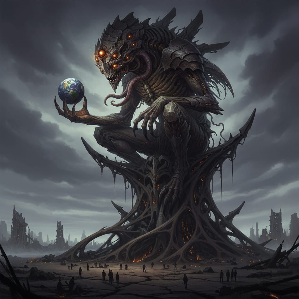 Eldritch Beast Dominates Miniature World in Dark Fantasy Art