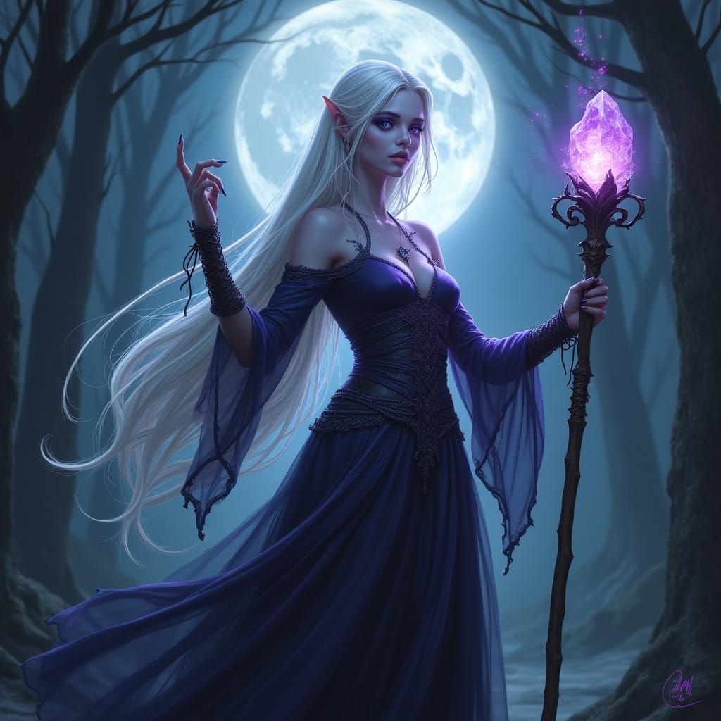Drow Enchantress in Moonlit Forest, Hyper-Realism Style