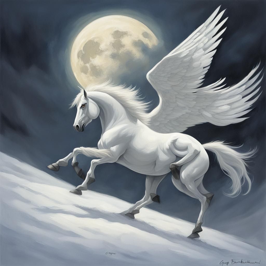 Winged Pegasus Soaring Past Sinister Moon