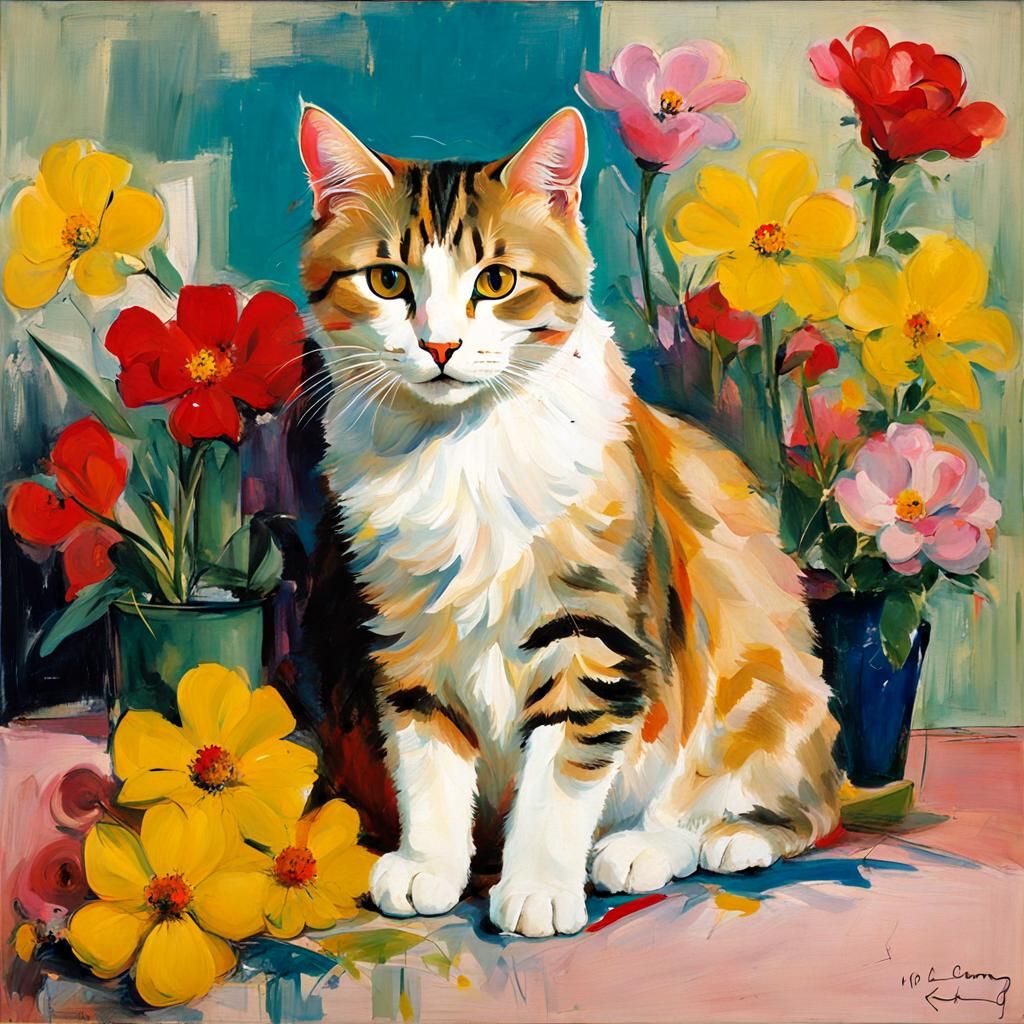 Abstract Cat on Pillow in De Kooning Style