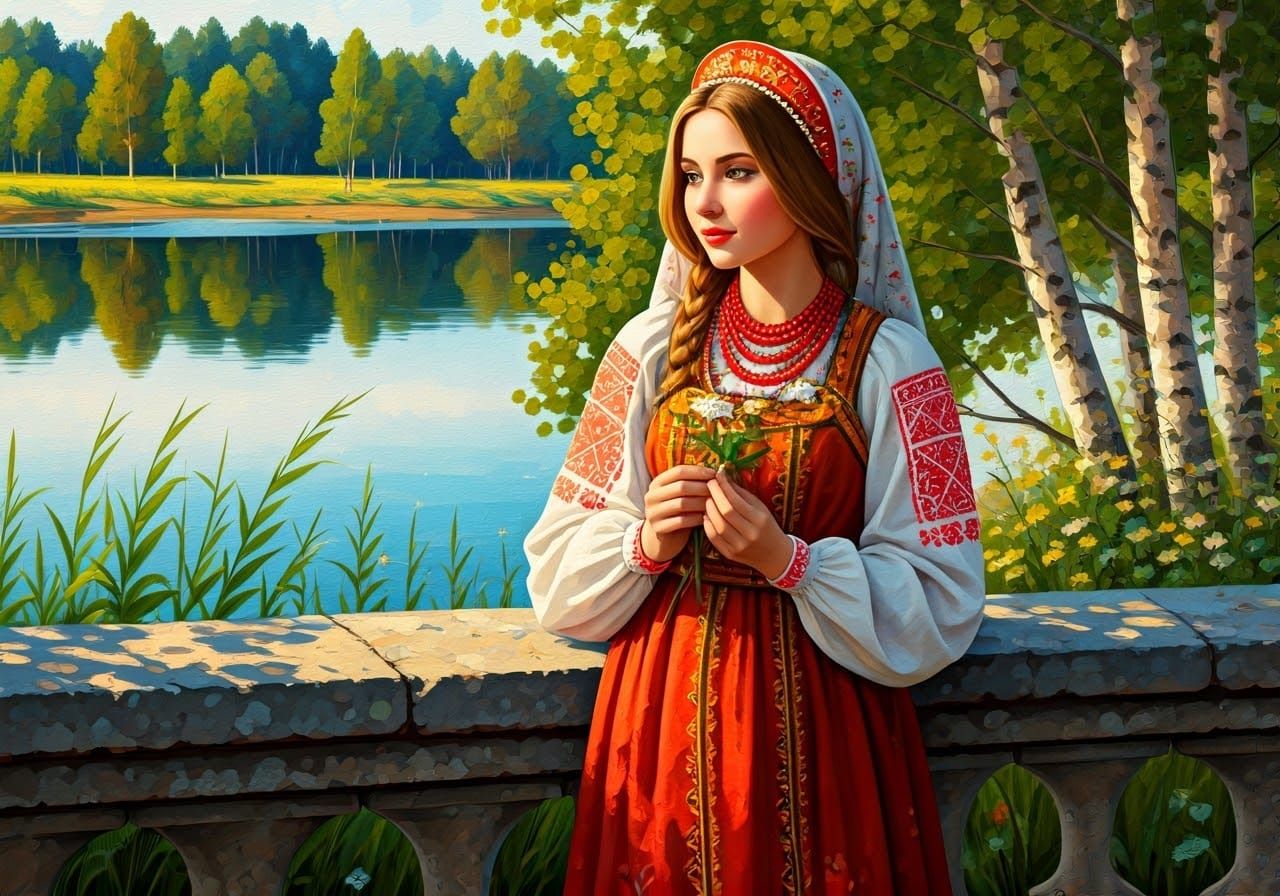 Slavic Bride in Folk Art Style with Floral Patterns and Pear...