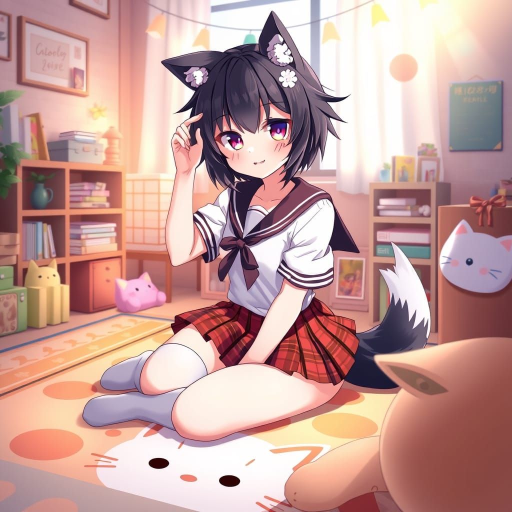 Anime Girl with Wolf Ears in Cozy, Whimsical Scene
