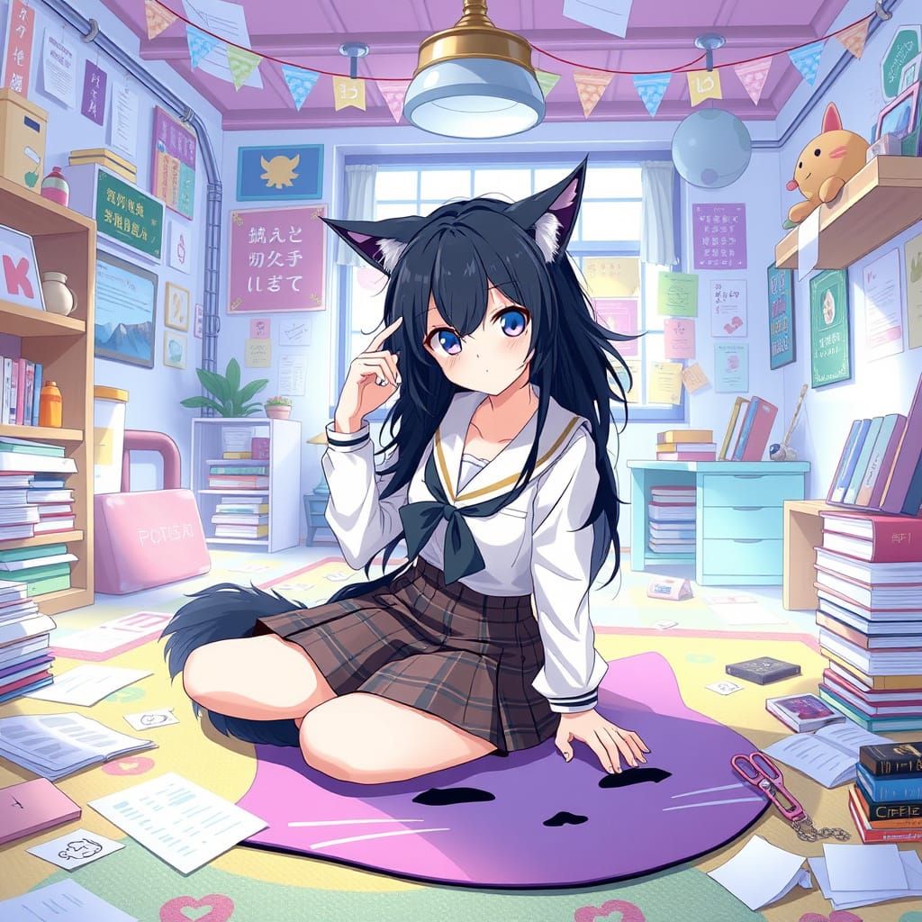Anime Girl Sits Amidst Whimsical Literature Club Decor