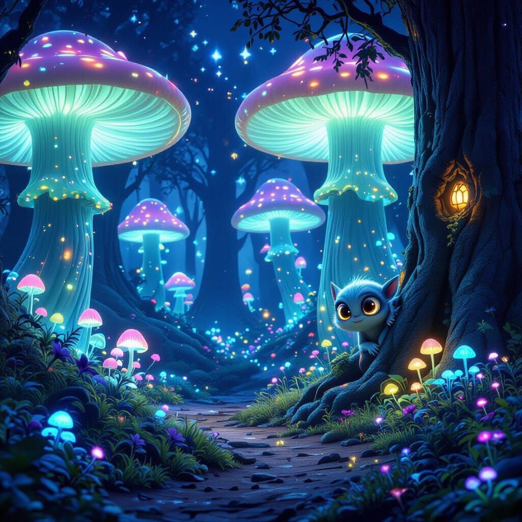 Ethereal Bioluminescent Forest With Glowing Mushrooms