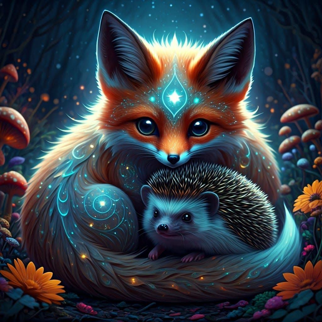Astral Tattoo Phoenix Fox and Hedgehog in Fantasy Forest