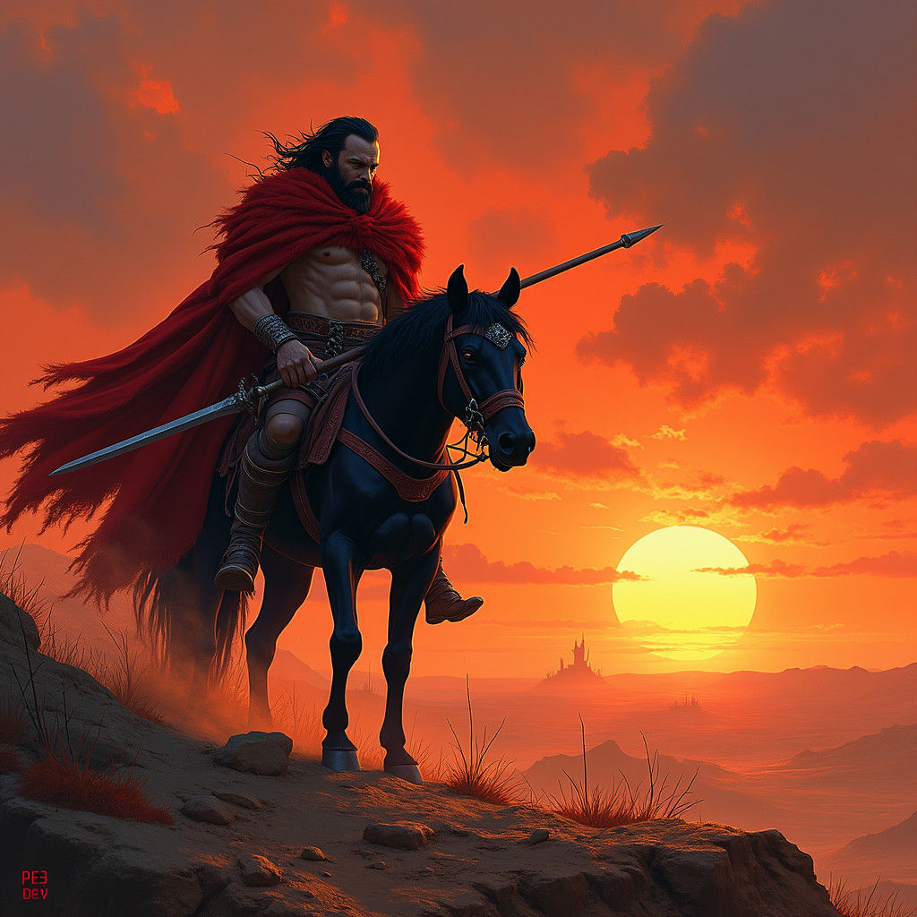 Crimson Warrior Astride Black Steed in Wastelands