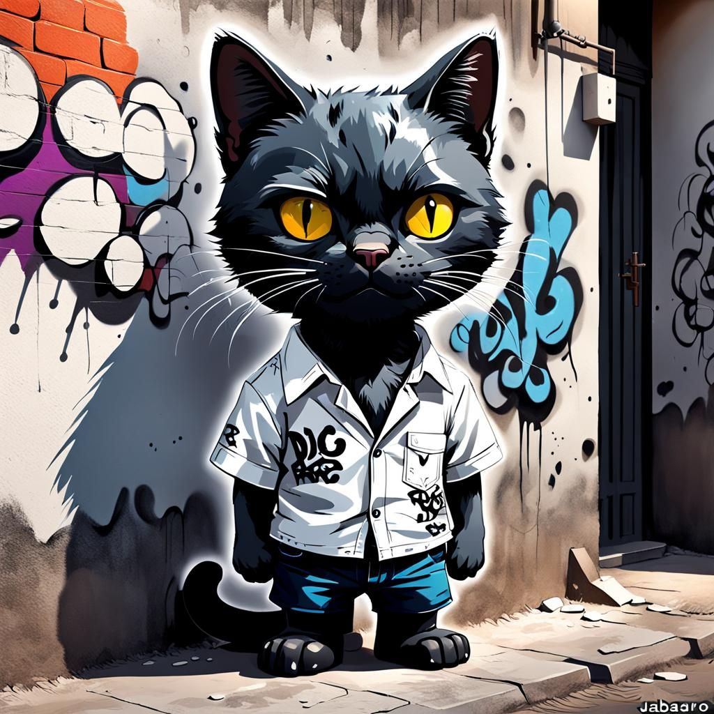 Graffiti-Style Black Cat in White Shirt