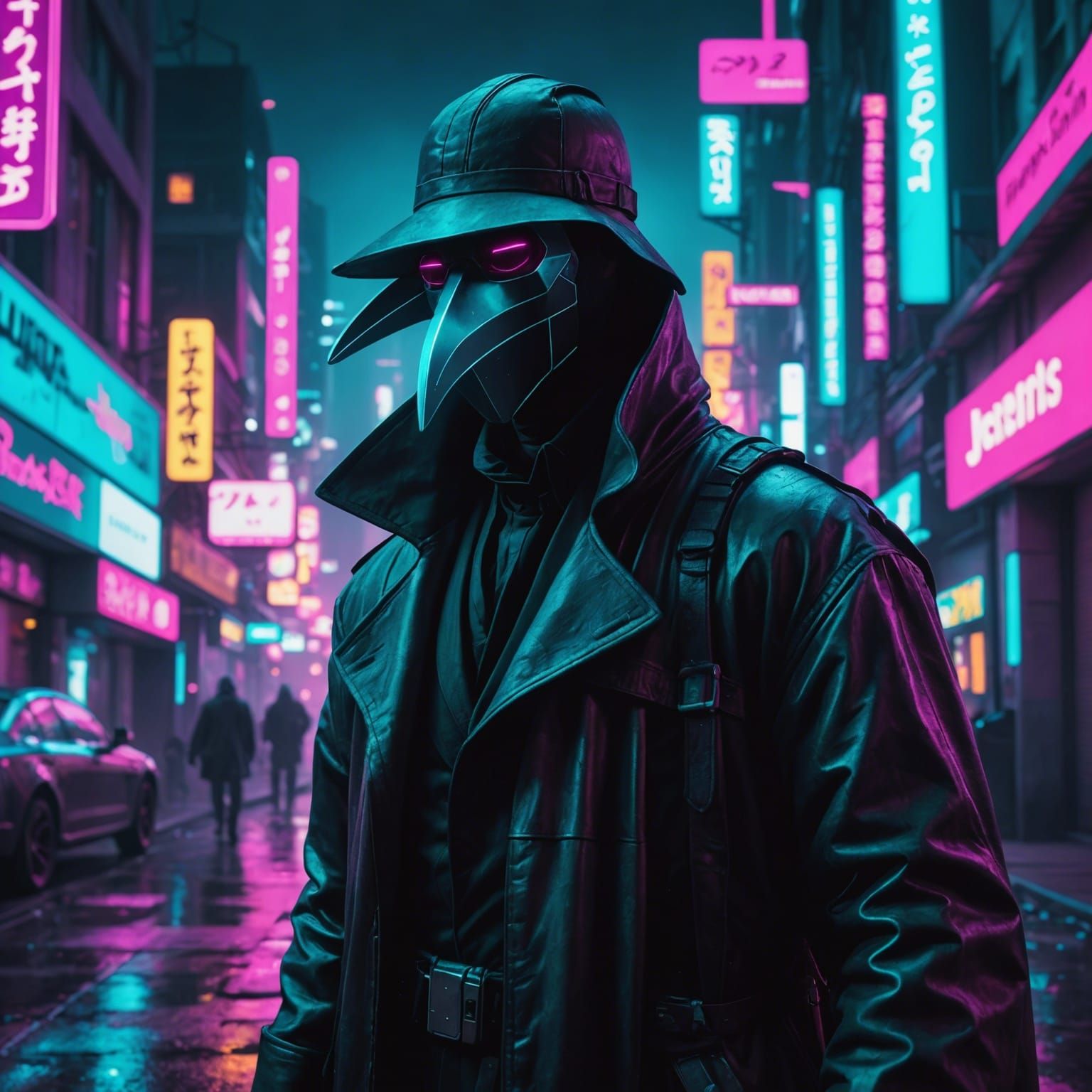 Plague Doctor in Neon Cyberpunk Cityscape