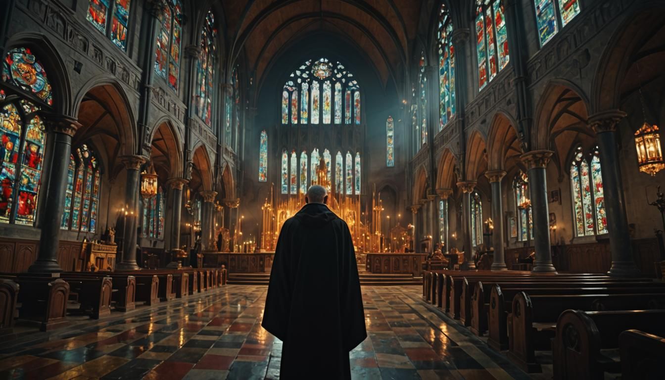 Monk in Church with Stained Glass Light