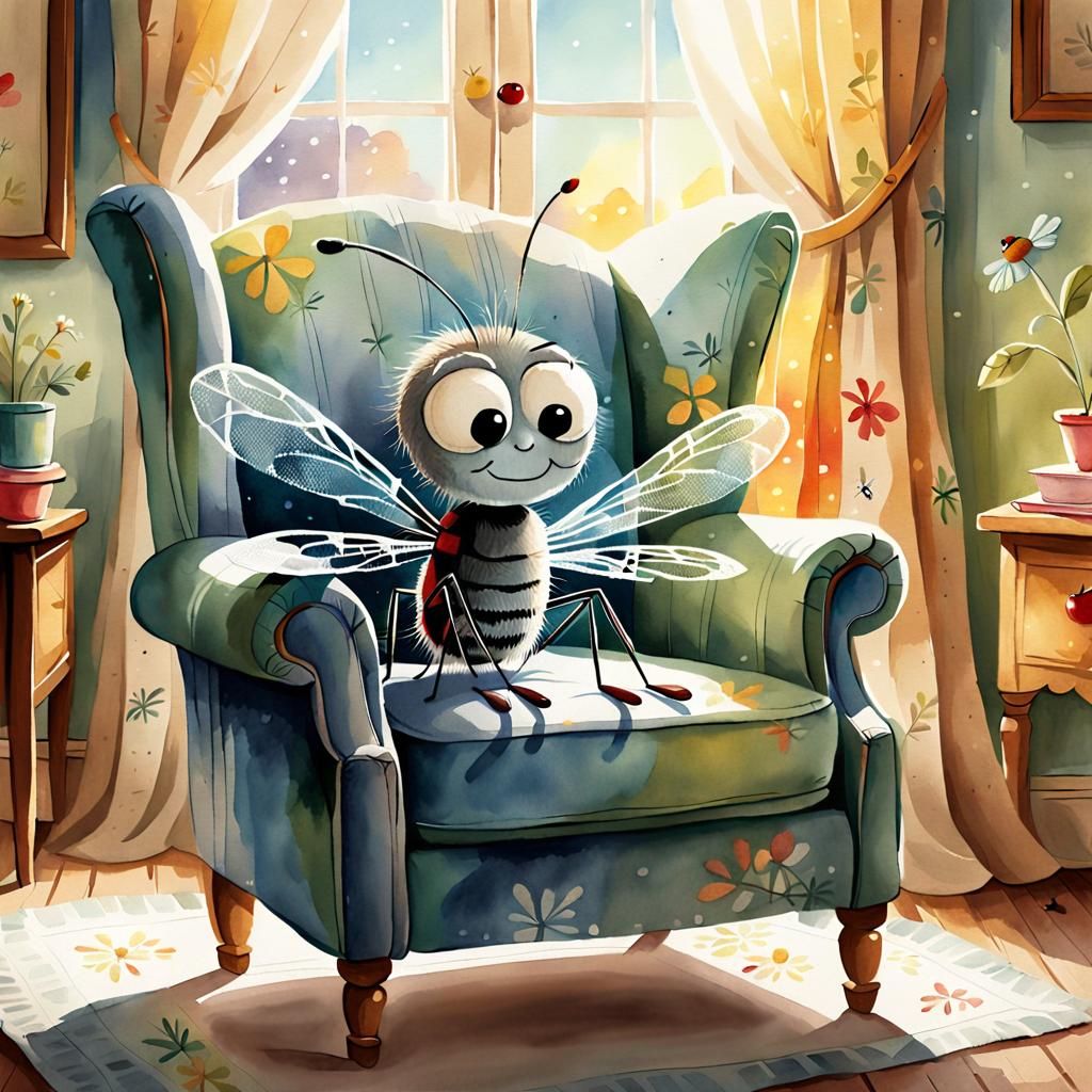 Sleepy Mosquito in Armchair: Watercolor Illustration