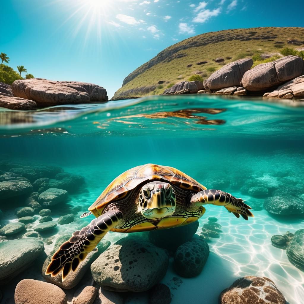 Turtle Swimming in Turquoise Water Seascape