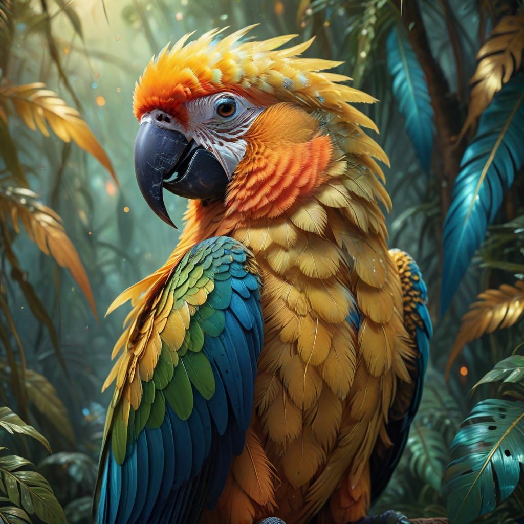 Mystical Parrot in Ethereal Forest: Oil Painting
