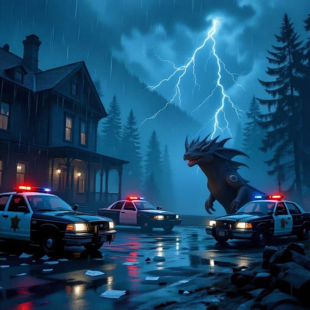 Victorian Police Station in Misty Forest During Storm