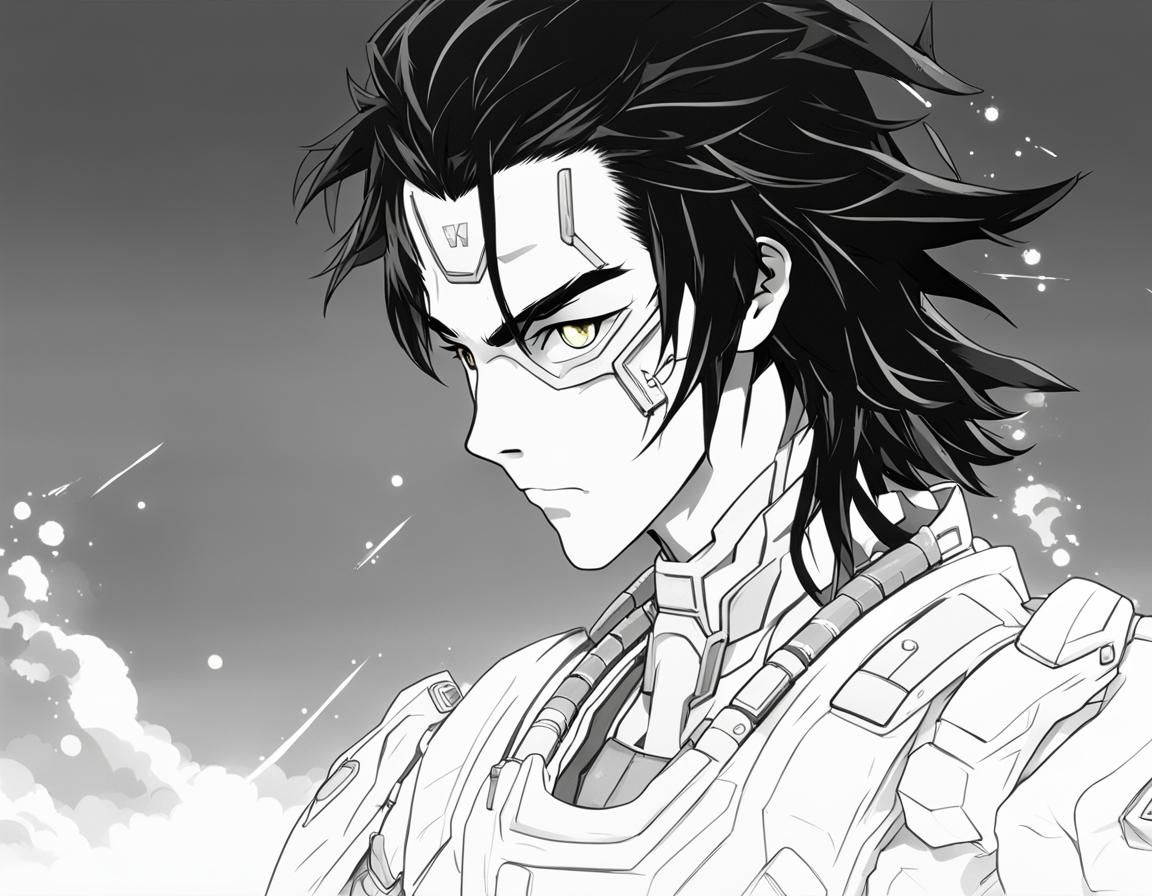 Boy in Exoskeleton Armor: Anime Ink Drawing