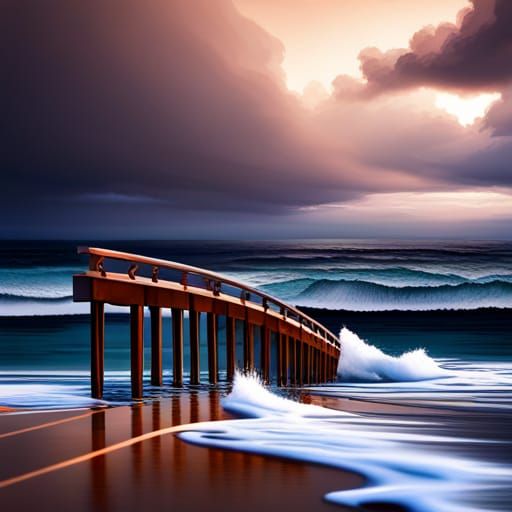 Ocean View with Wooden Railings in Vaporwave Style