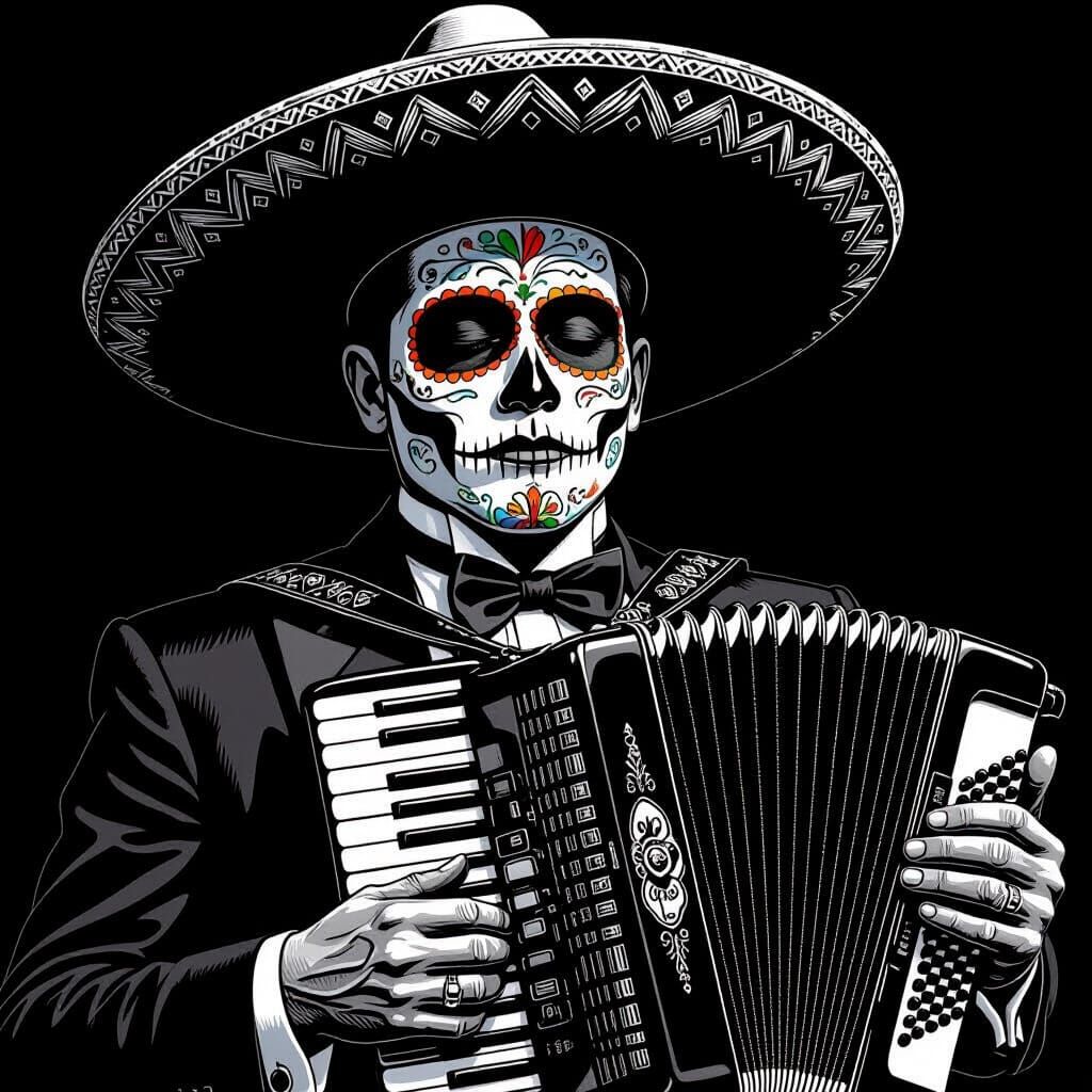 Melancholic Accordion Player in Day of the Dead Style