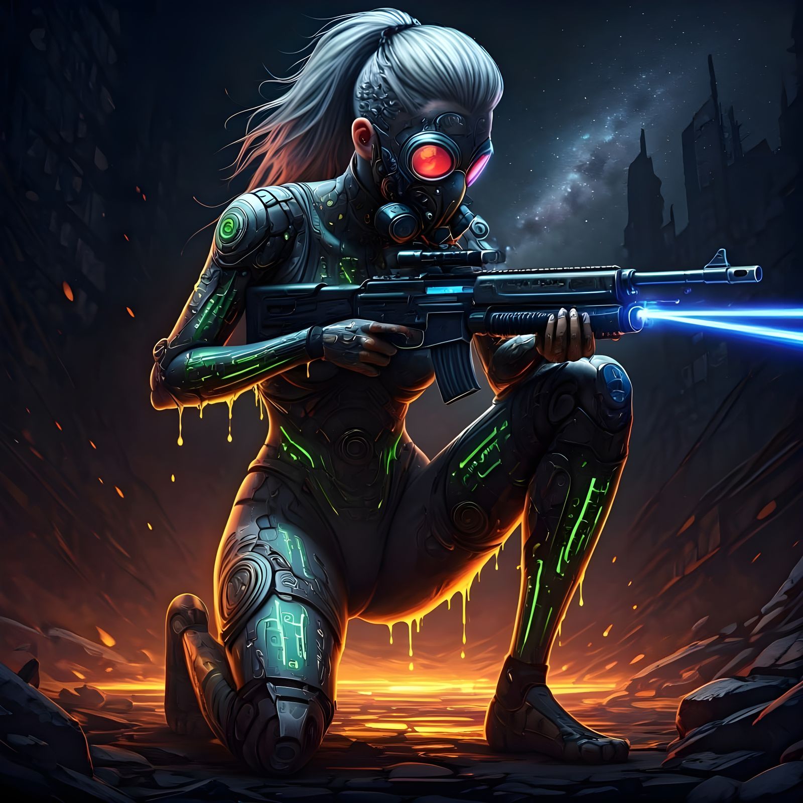 Cyberpunk Dark Fantasy Cyborg Girl with Neon Accents and Fra...
