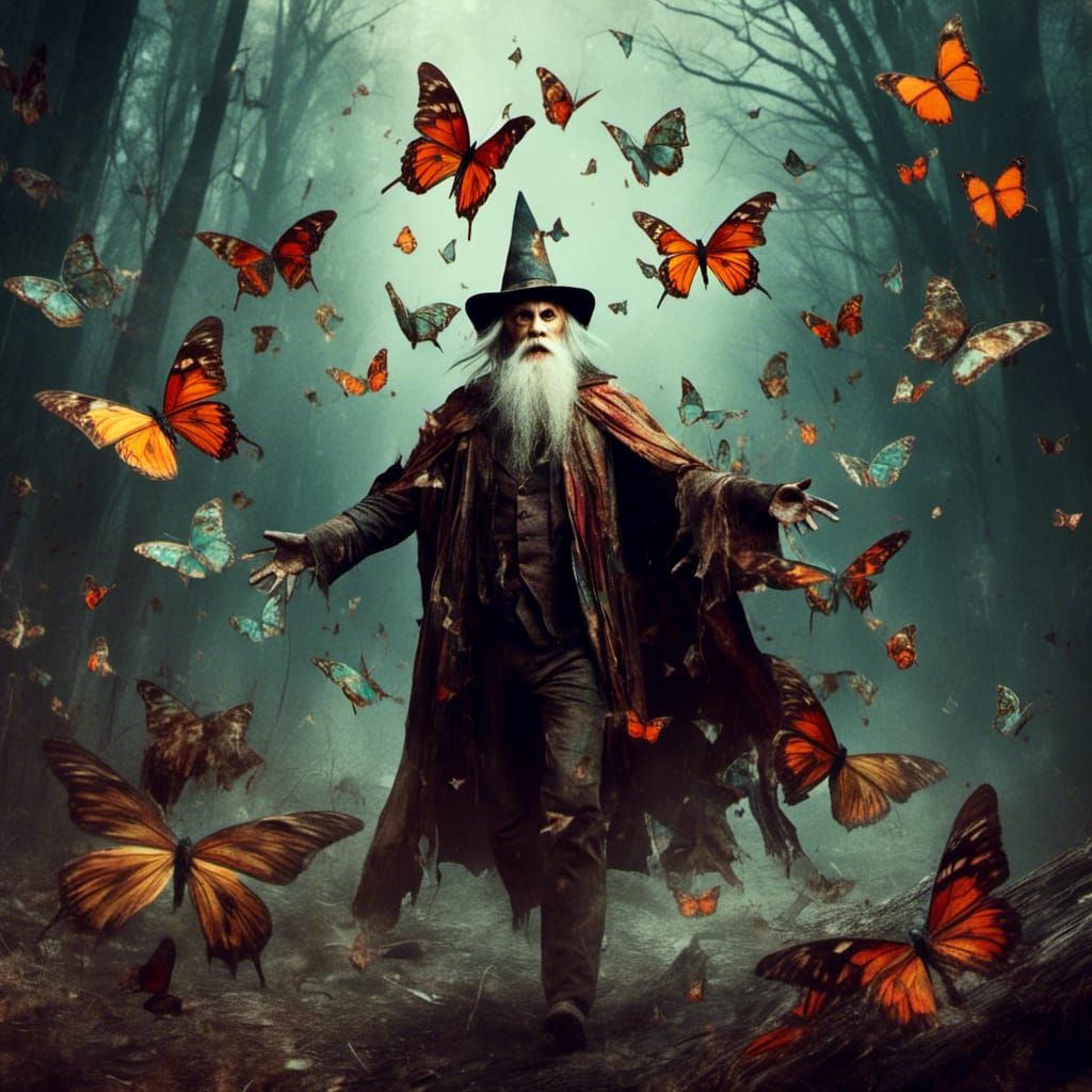 Whimsical Wizard Surrounded by Colorful Butterflies