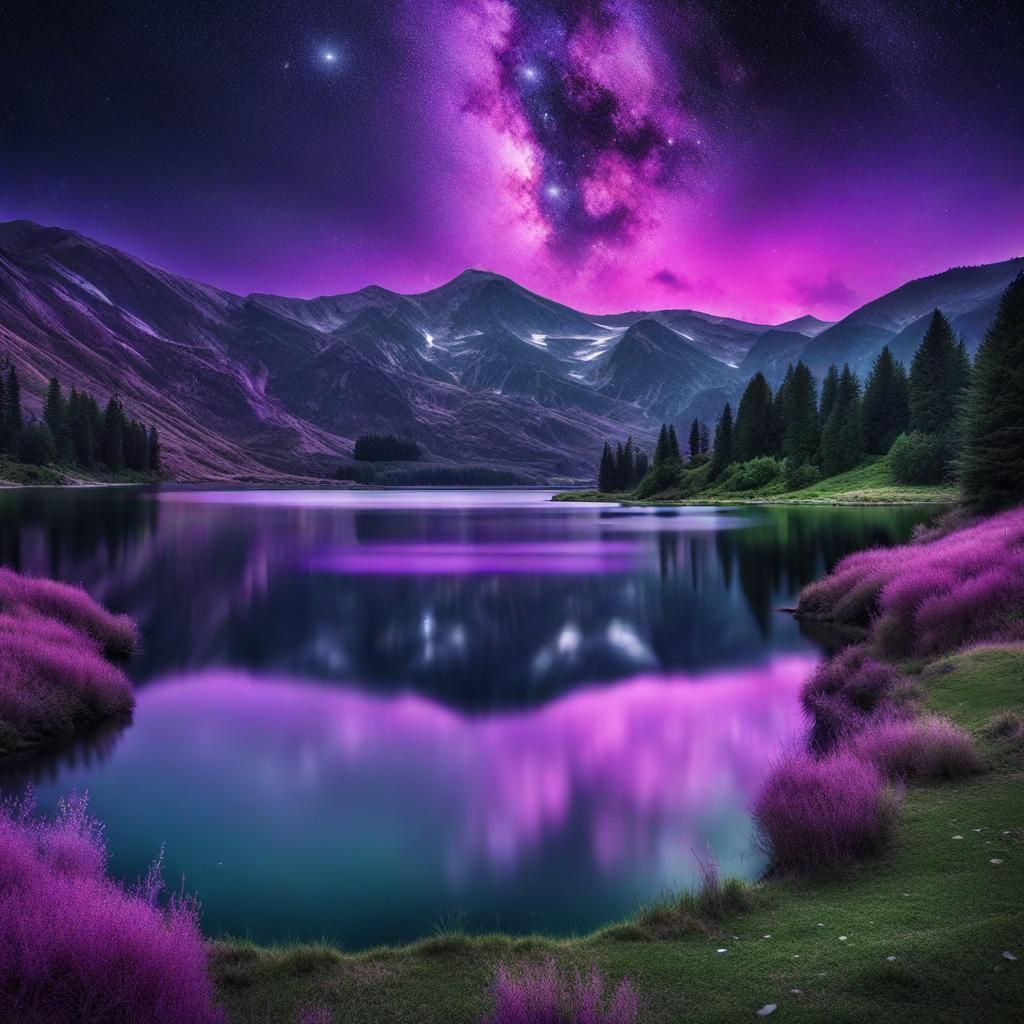 Hyperrealistic Mountain Landscape with Colorful Night Sky