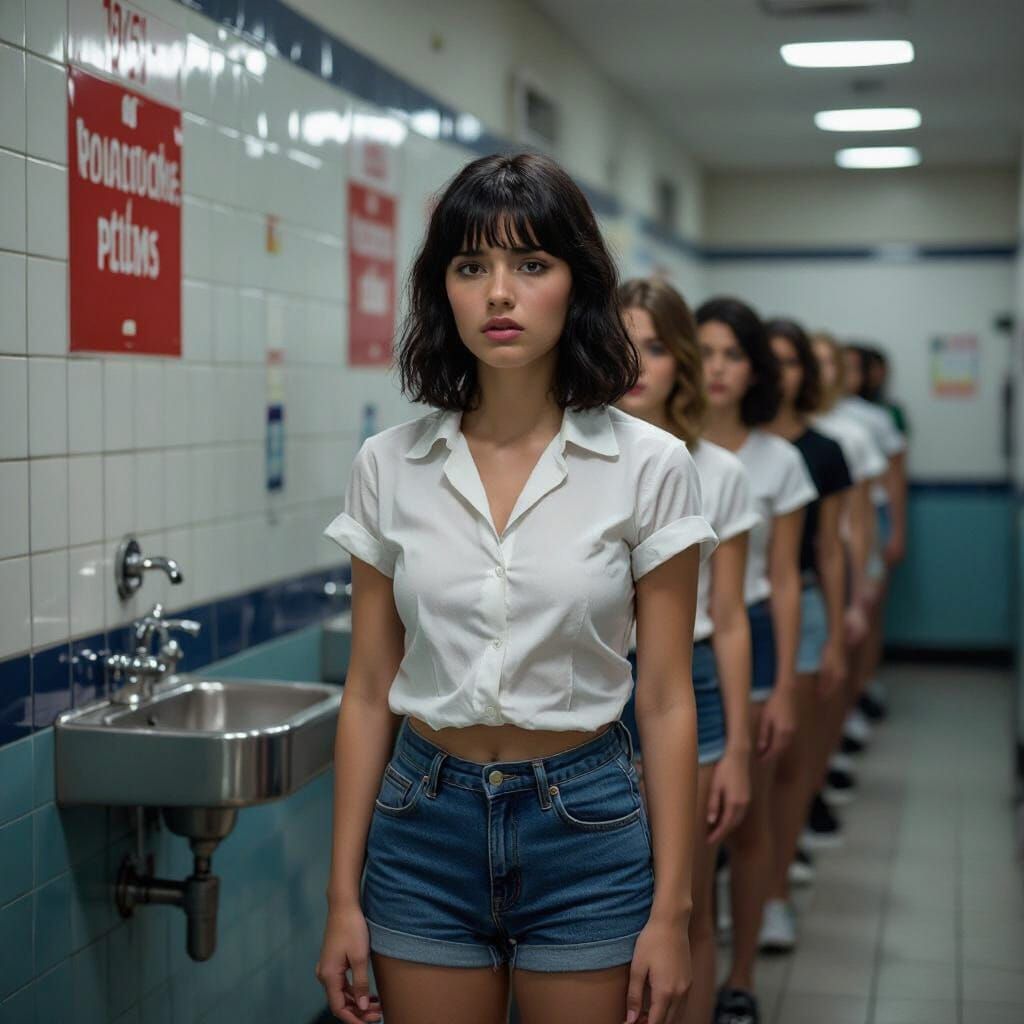 Desperate Woman in Line for Restroom, Film Noir Style